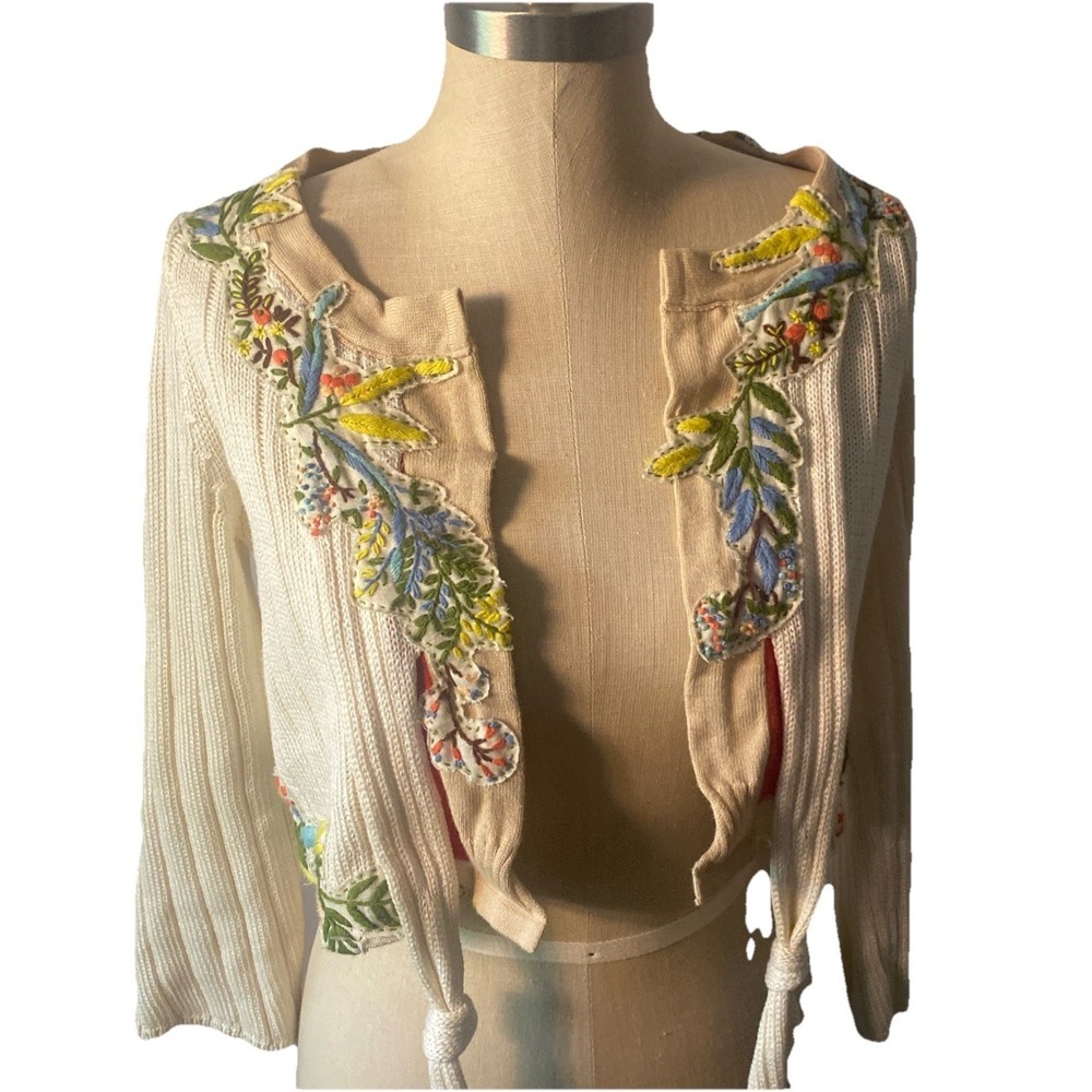 Anthropologie Field Flower Appliqué Cropped Cardigan Size XS